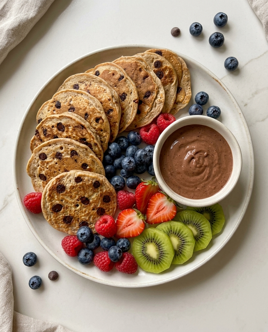 Mini chocolate chip pancakes with fresh berries and kiwi