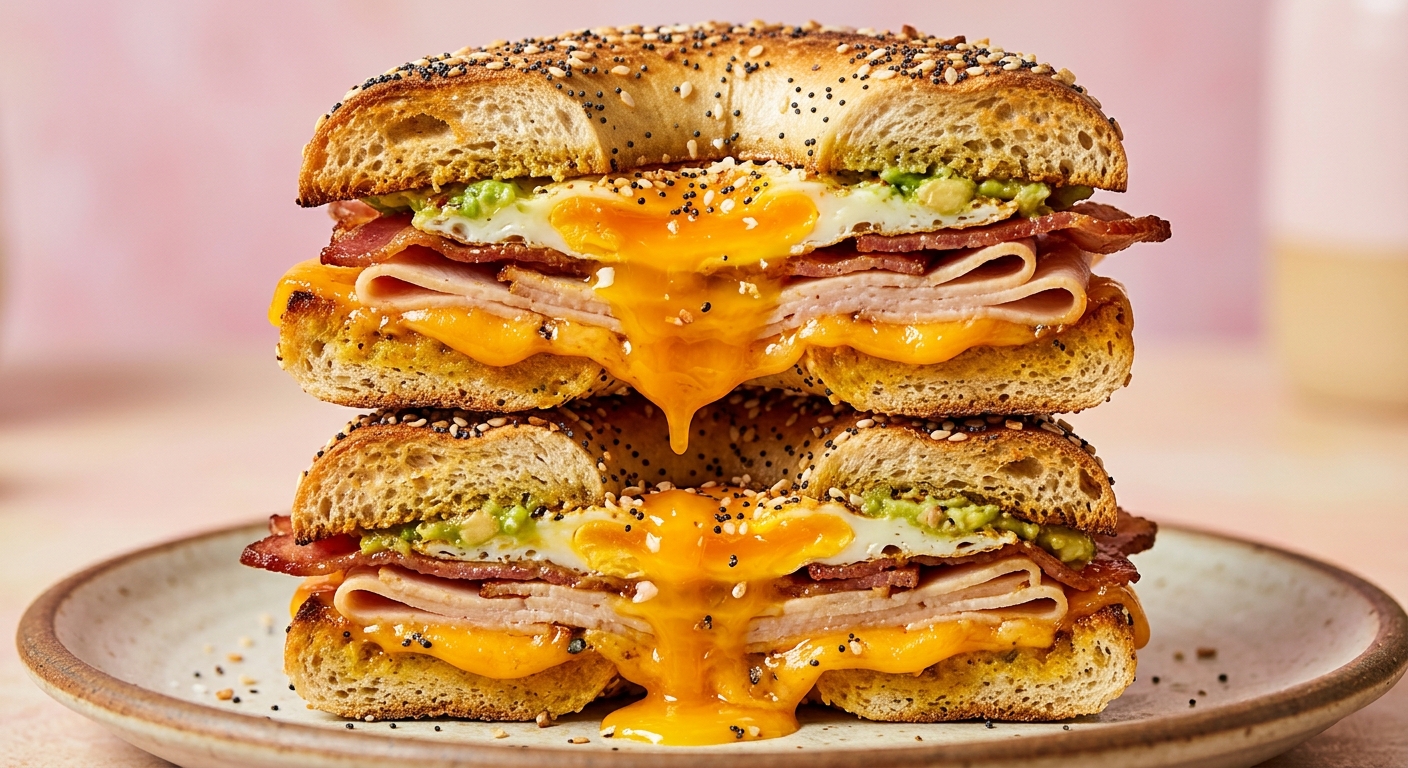 High-protein bagel sandwich with egg, bacon and melted cheese