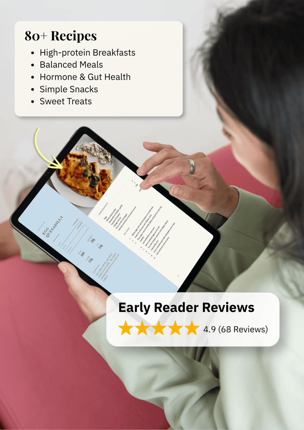80+ recipes and early reader reviews on tablet