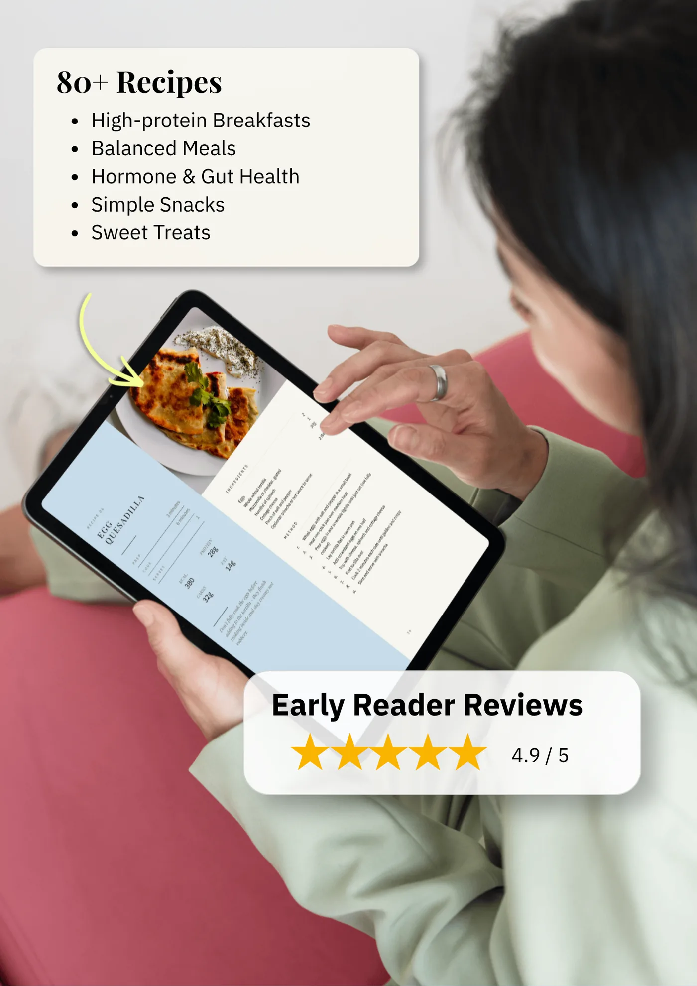 80+ recipes and early reader reviews on tablet
