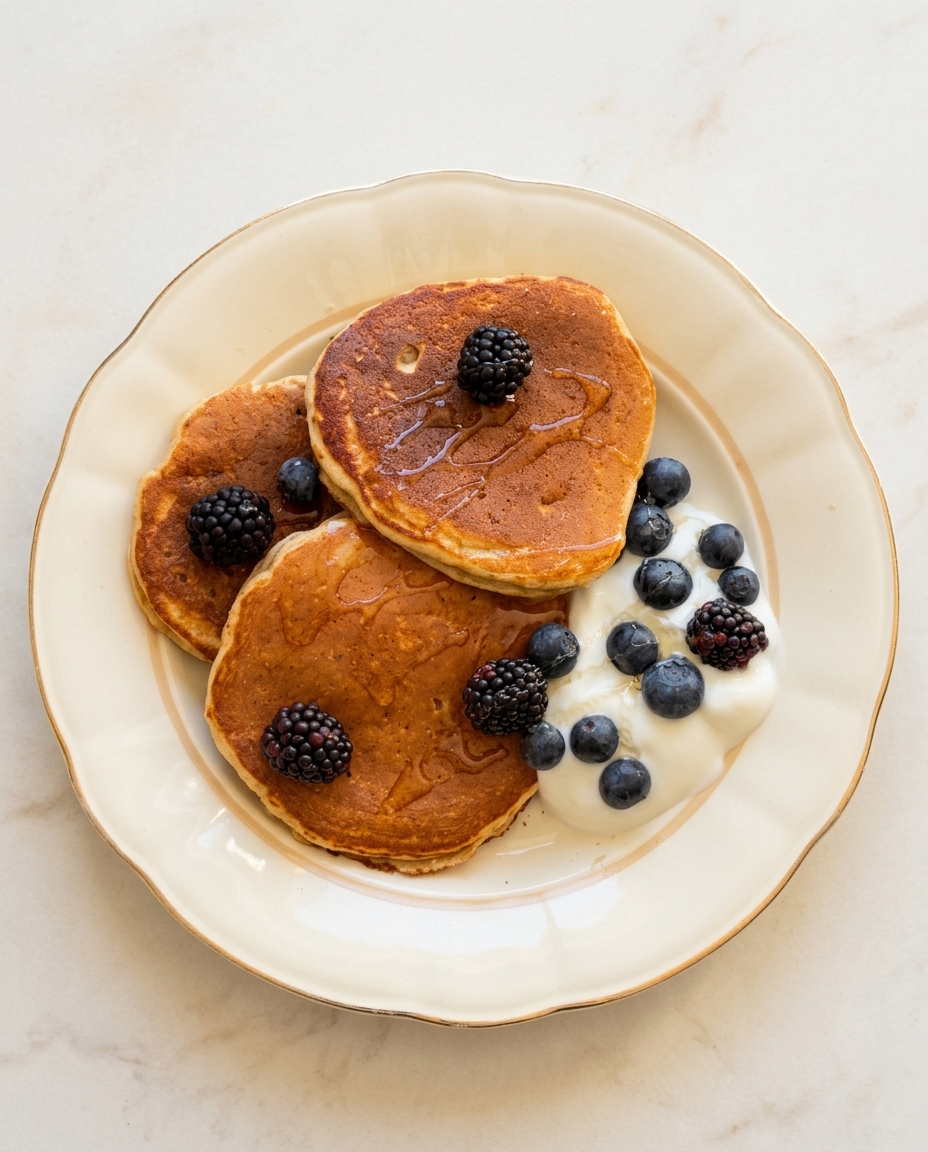 Protein pancakes with yogurt, blackberries and blueberries
