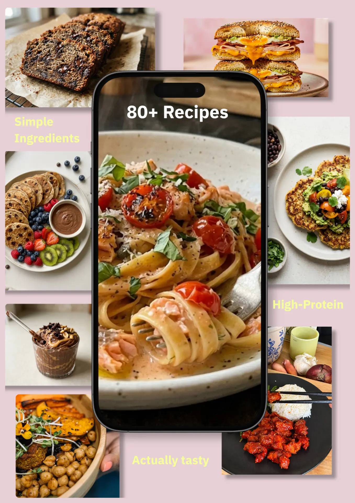 80+ recipes collage — simple ingredients, high-protein and actually tasty dishes