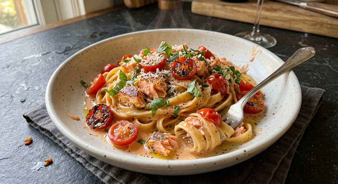 Creamy salmon pasta with roasted tomatoes and basil